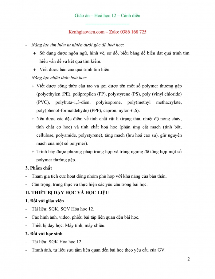 Giáo án và PPT Hóa học 12 cánh diều bài 8: Đại cương về polymer