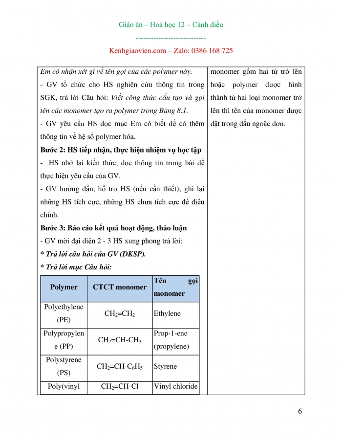 Giáo án và PPT Hóa học 12 cánh diều bài 8: Đại cương về polymer