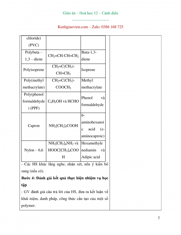 Giáo án và PPT Hóa học 12 cánh diều bài 8: Đại cương về polymer