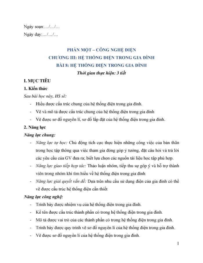 Giáo án và PPT công nghệ 12 điện - điện tử Kết nối bài 8: Hệ thống điện trong gia đình