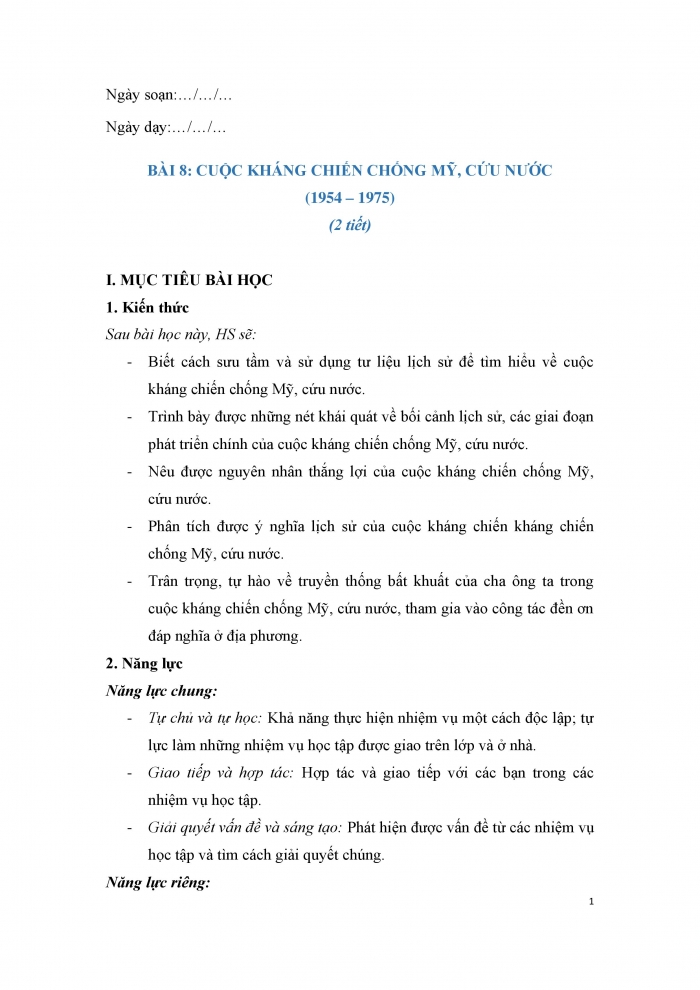 Giáo án và PPT Lịch sử 12 chân trời bài 8: Cuộc kháng chiến chống Mỹ, cứu nước (1954 – 1975)