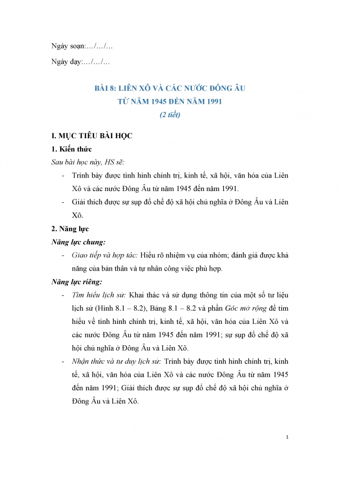 Giáo án và PPT Lịch sử 9 cánh diều bài 8: Liên Xô và các nước Đông Âu từ năm 1945 đến năm 1991