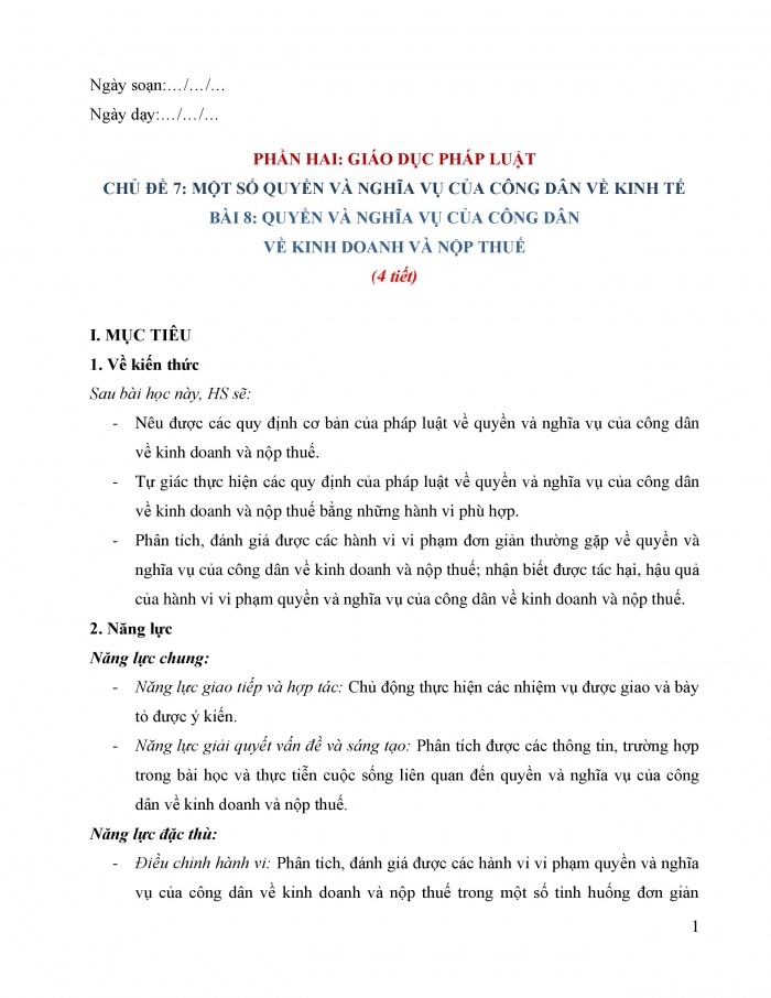 Giáo án và PPT Kinh tế pháp luật 12 cánh diều bài 8: Quyền, nghĩa vụ của công dân về kinh doanh và nộp thuế