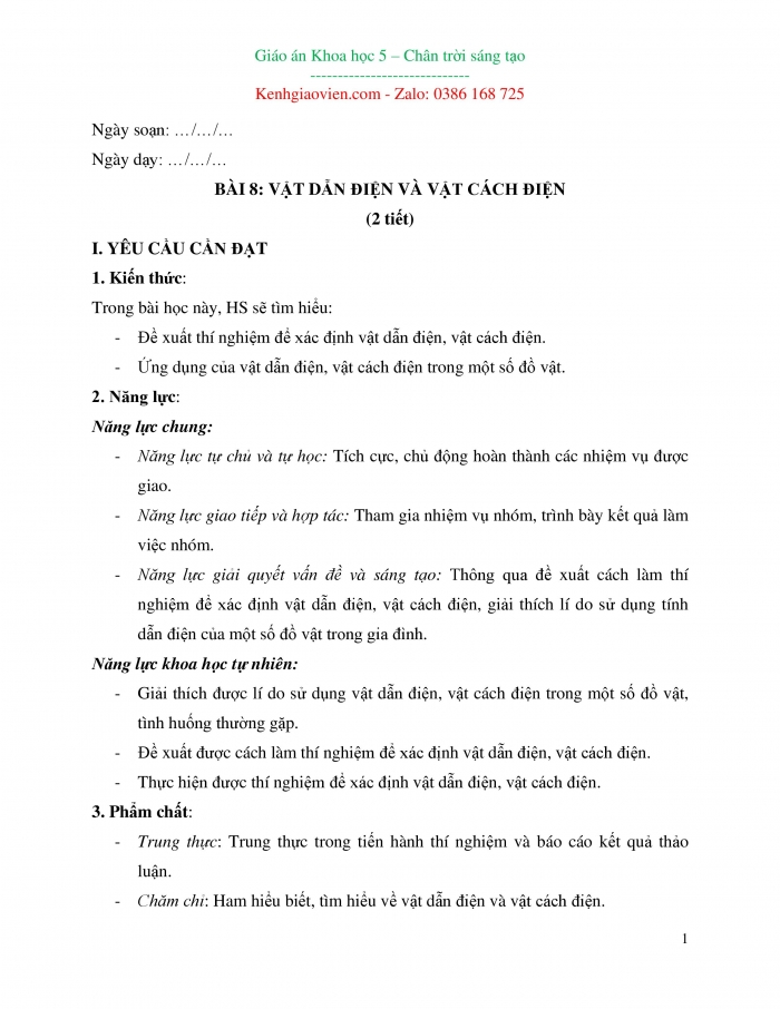 Giáo án và PPT Khoa học 5 chân trời bài 8: Vật dẫn điện và vật cách điện