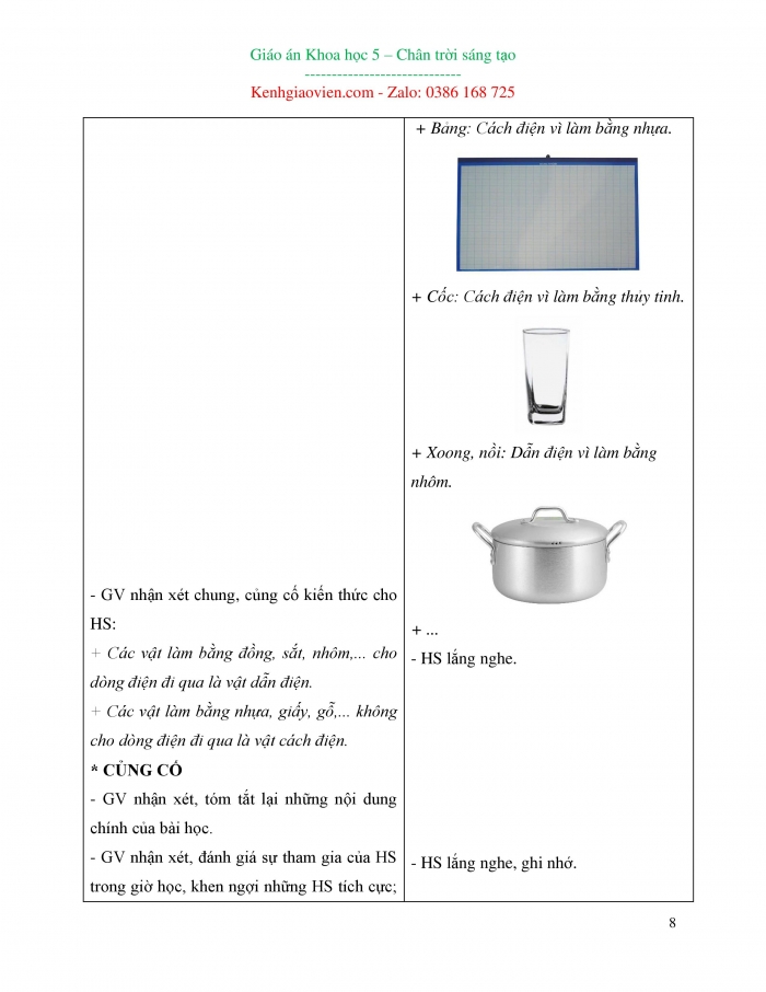 Giáo án và PPT Khoa học 5 chân trời bài 8: Vật dẫn điện và vật cách điện