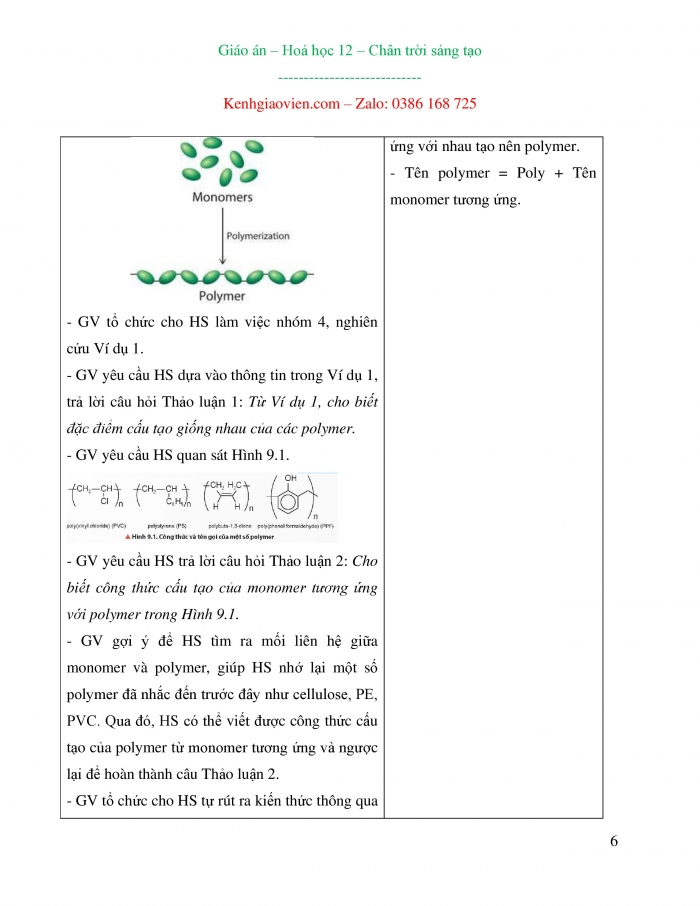 Giáo án và PPT Hoá học 12 chân trời bài 9: Đại cương về polymer