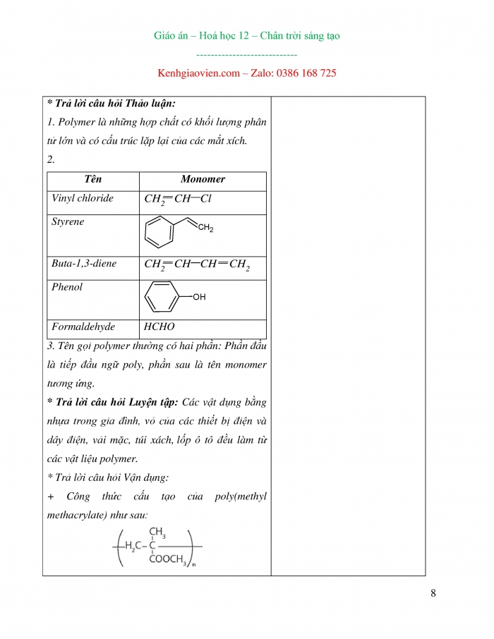 Giáo án và PPT Hoá học 12 chân trời bài 9: Đại cương về polymer