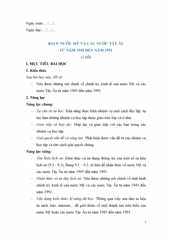 Giáo án và PPT Lịch sử 9 cánh diều bài 9: Nước Mỹ và các nước Tây Âu từ năm 1945 đến năm 1991