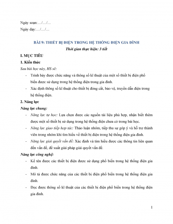 Giáo án và PPT công nghệ 12 điện - điện tử Kết nối bài 9: Thiết bị điện trong hệ thống điện gia đình