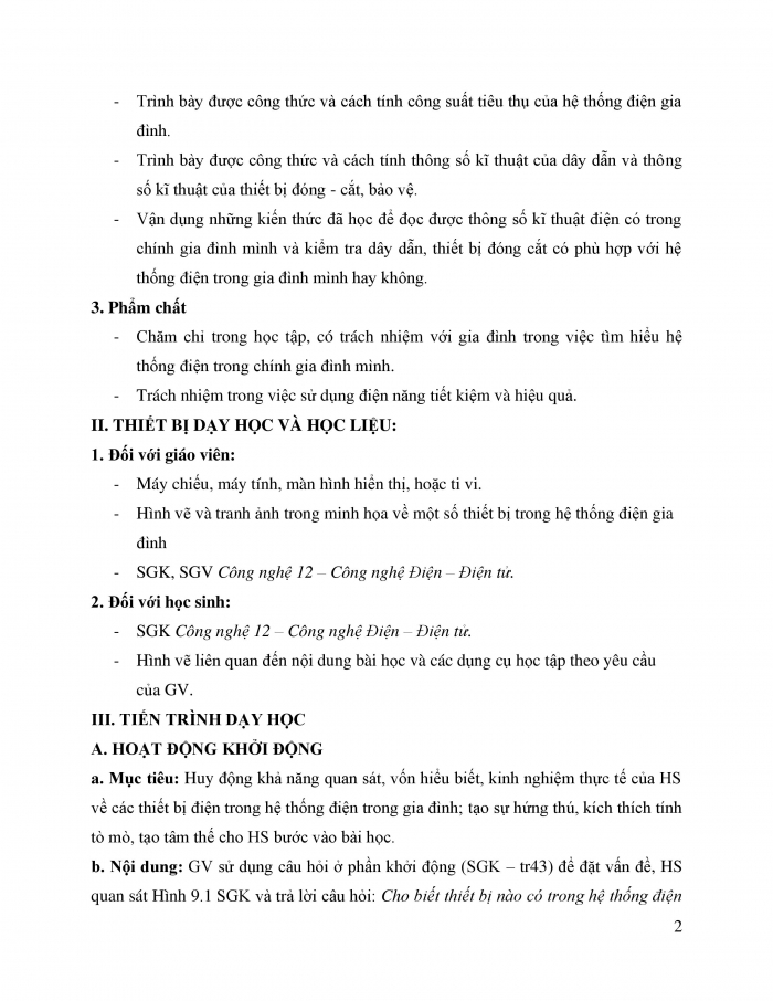 Giáo án và PPT công nghệ 12 điện - điện tử Kết nối bài 9: Thiết bị điện trong hệ thống điện gia đình