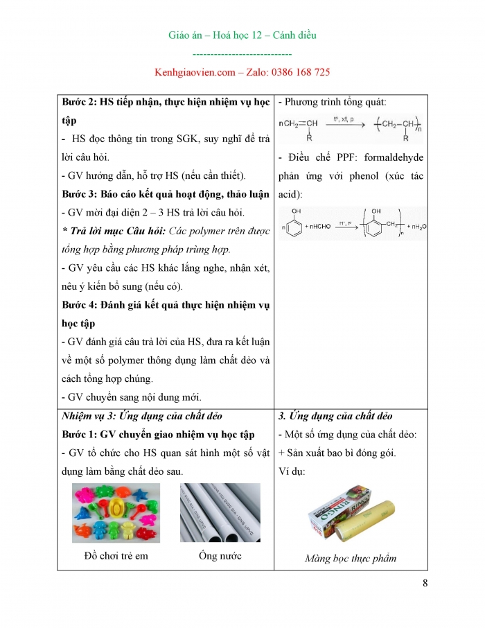 Giáo án và PPT Hóa học 12 cánh diều bài 9: Vật liệu polymer