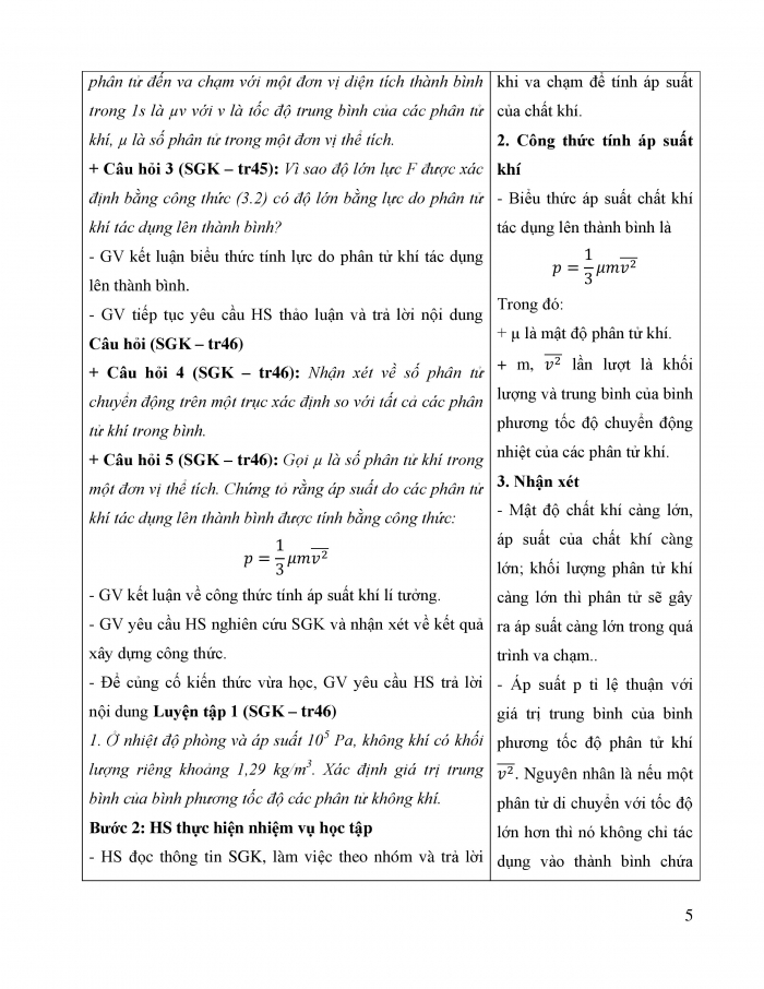 Giáo án và PPT Vật lí 12 cánh diều bài 3: Áp suất và động năng phân tử chất khí