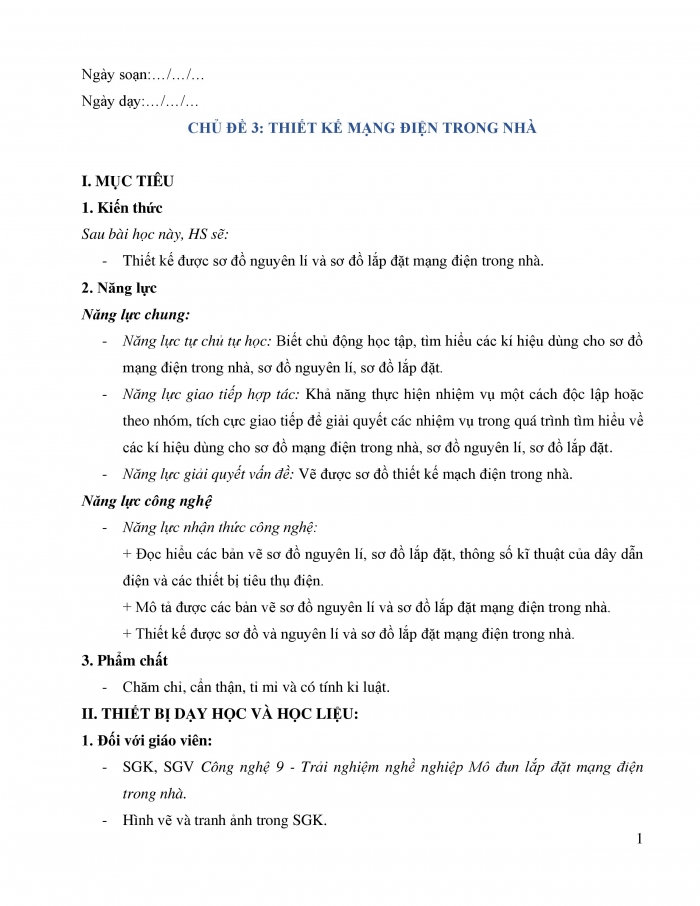 Giáo án và PPT công nghệ 9 lắp đặt mạng điện trong nhà Chân trời chủ đề 3: Thiết kế mạng điện trong nhà