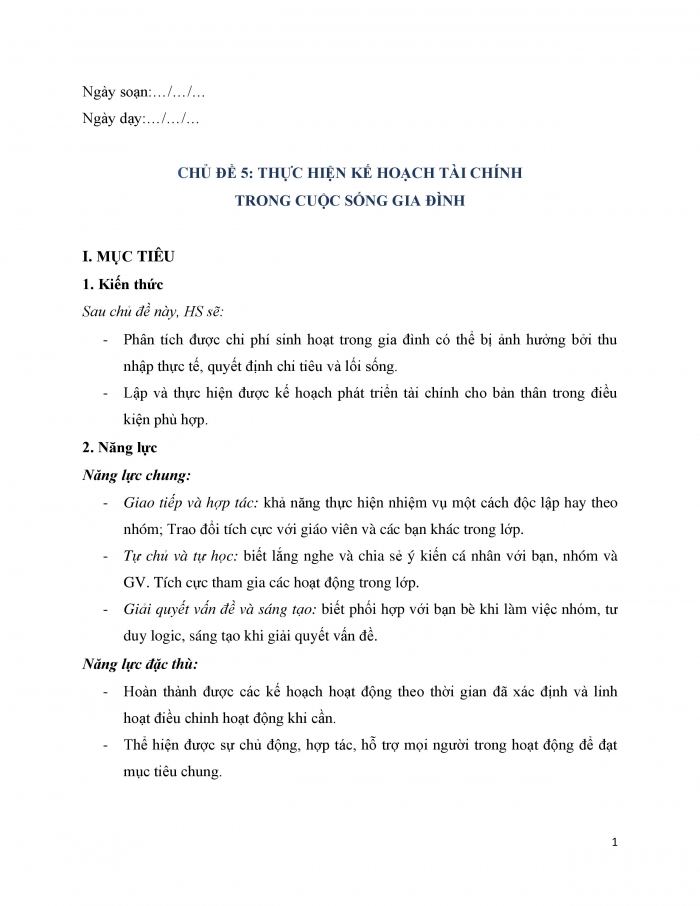 Giáo án và PPT Hoạt động trải nghiệm 12 chân trời bản 1 chủ đề 5: Thực hiện kế hoạch tài chính trong cuộc sống