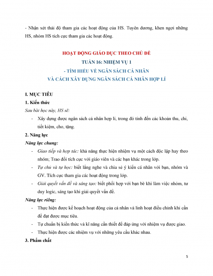 Giáo án và PPT Hoạt động trải nghiệm 9 chân trời bản 1 Chủ đề 5: Xây dựng ngân sách cá nhân và góp phần phát triển kinh tế gia đình - Tuần 16
