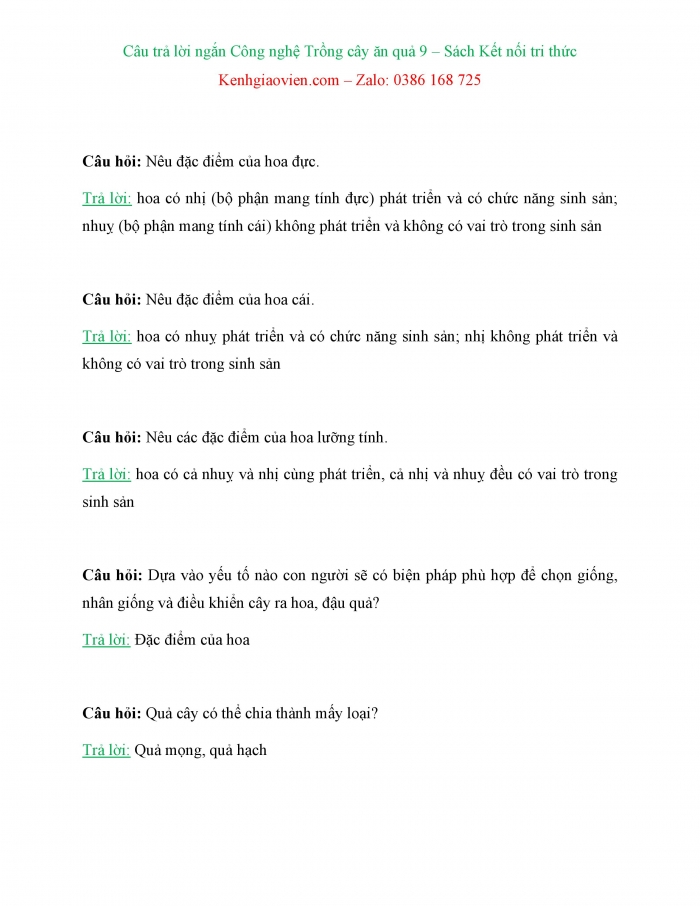 Trắc nghiệm dạng câu trả lời ngắn Công nghệ 9 Trồng cây ăn quả Kết nối tri thức