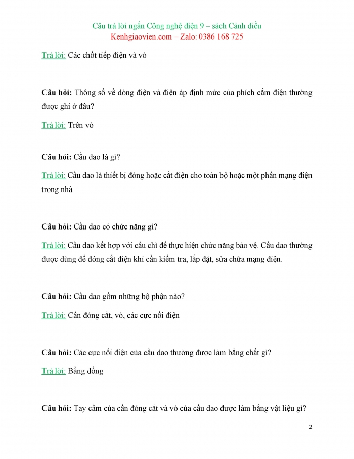 Trắc nghiệm dạng câu trả lời ngắn Công nghệ 9 Lắp đặt mạng điện trong nhà Cánh diều