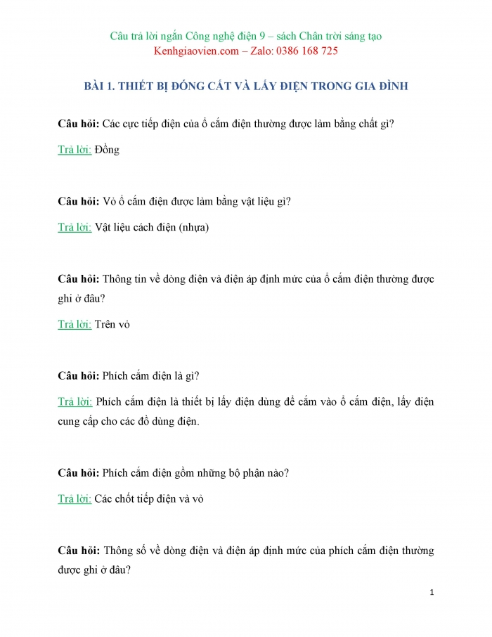 Trắc nghiệm dạng câu trả lời ngắn Công nghệ 9 Lắp đặt mạng điện trong nhà Chân trời sáng tạo