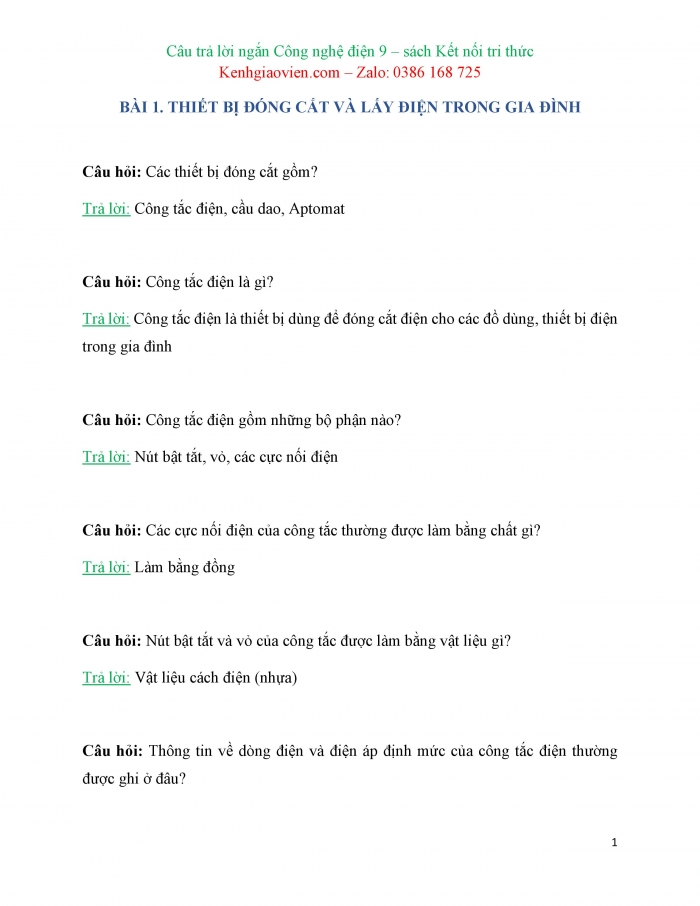 Trắc nghiệm dạng câu trả lời ngắn Công nghệ 9 Lắp đặt mạng điện trong nhà Kết nối tri thức