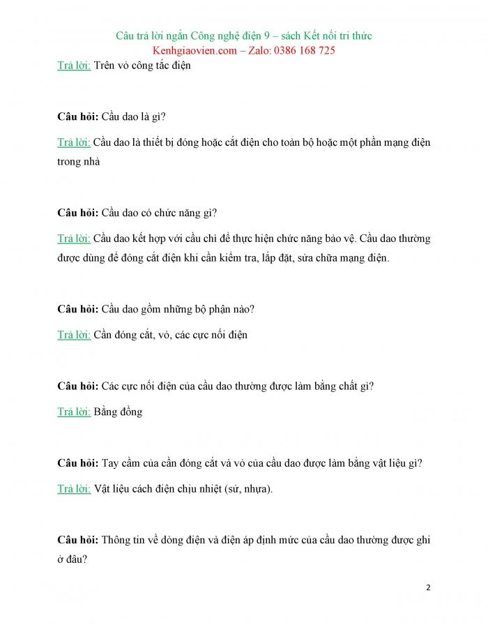 Trắc nghiệm dạng câu trả lời ngắn Công nghệ 9 Lắp đặt mạng điện trong nhà Kết nối tri thức