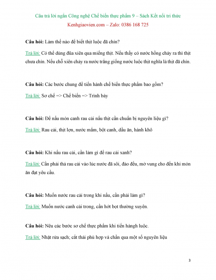 Trắc nghiệm dạng câu trả lời ngắn Công nghệ 9 Chế biến thực phẩm Kết nối tri thức