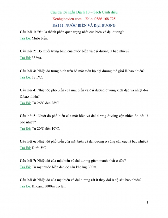 Trắc nghiệm dạng câu trả lời ngắn Địa lí 10 cánh diều