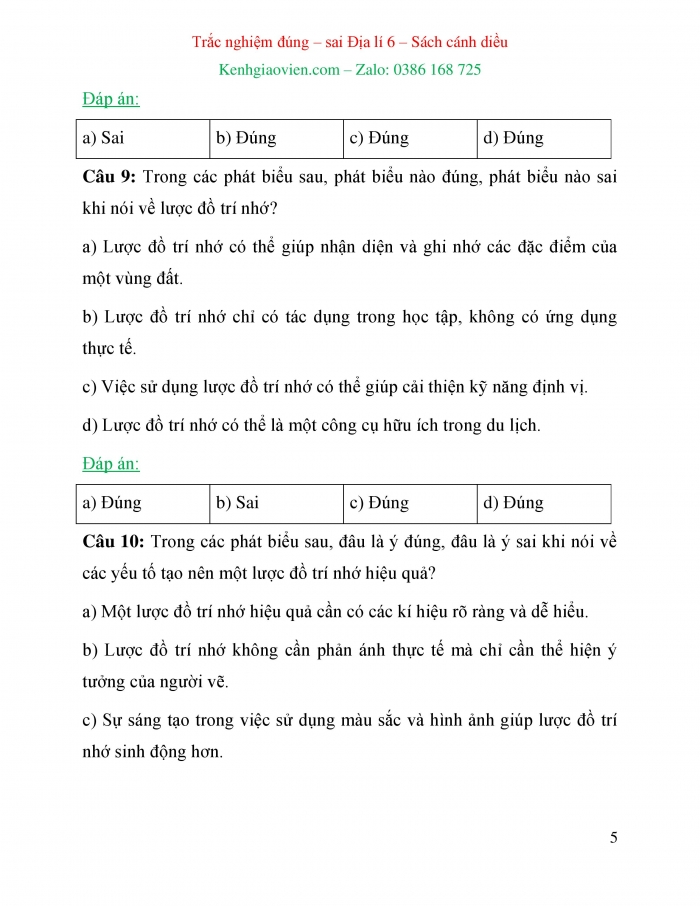 Trắc nghiệm đúng sai Địa lí 6 cánh diều