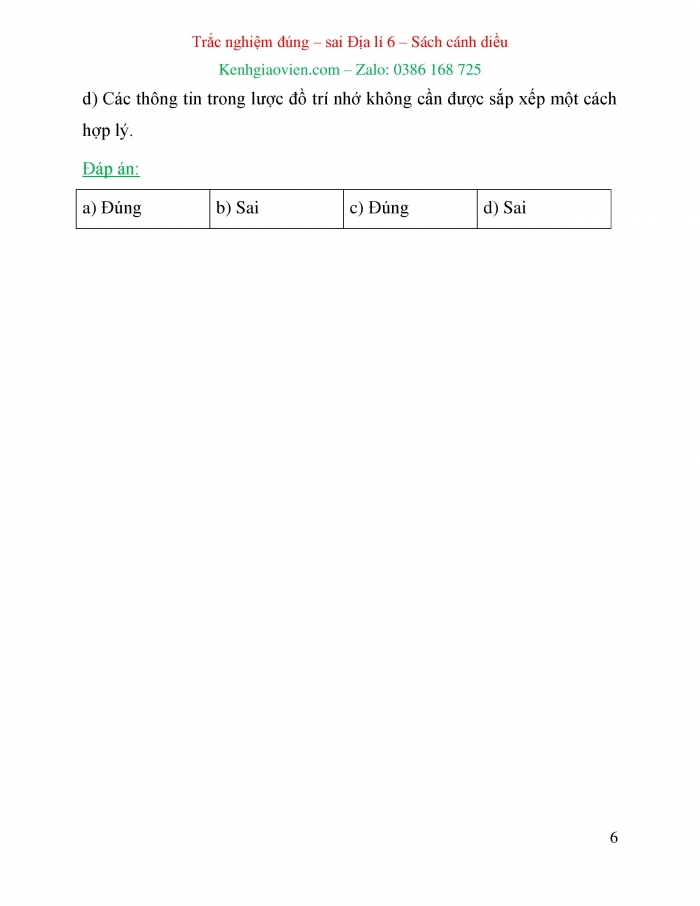Trắc nghiệm đúng sai Địa lí 6 cánh diều