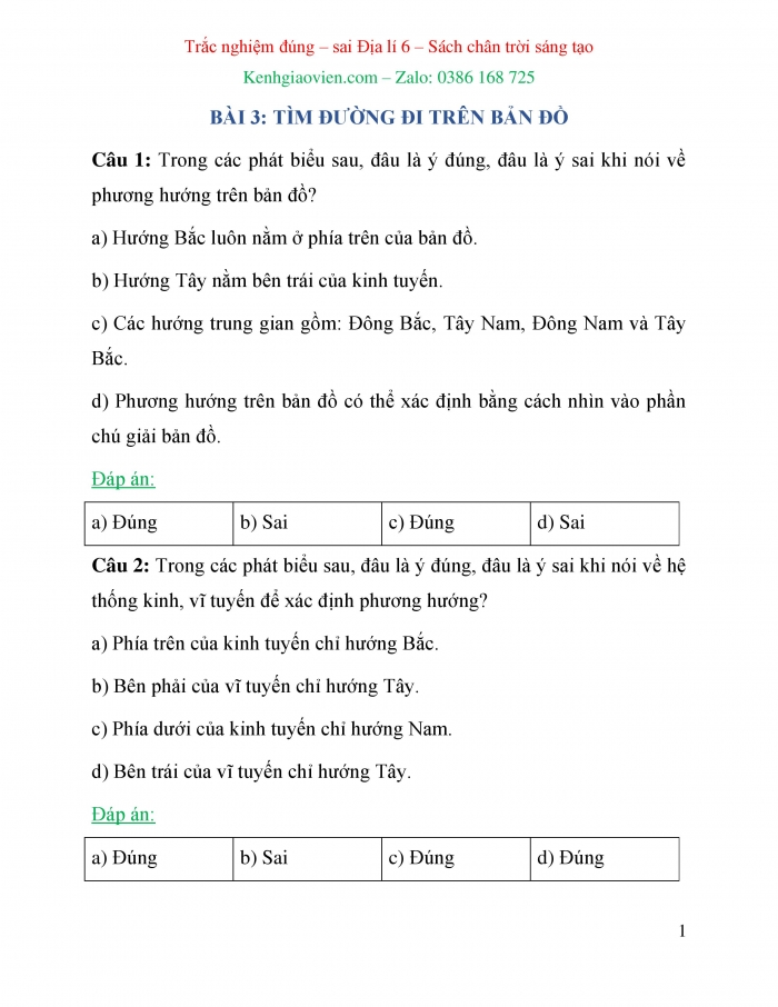 Trắc nghiệm đúng sai Địa lí 6 chân trời sáng tạo