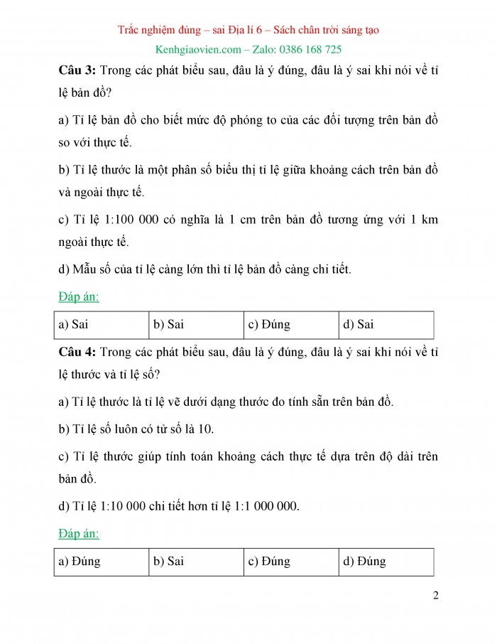 Trắc nghiệm đúng sai Địa lí 6 chân trời sáng tạo