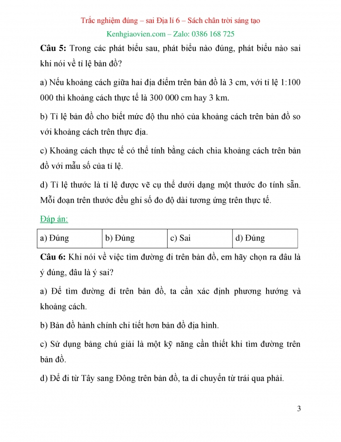 Trắc nghiệm đúng sai Địa lí 6 chân trời sáng tạo