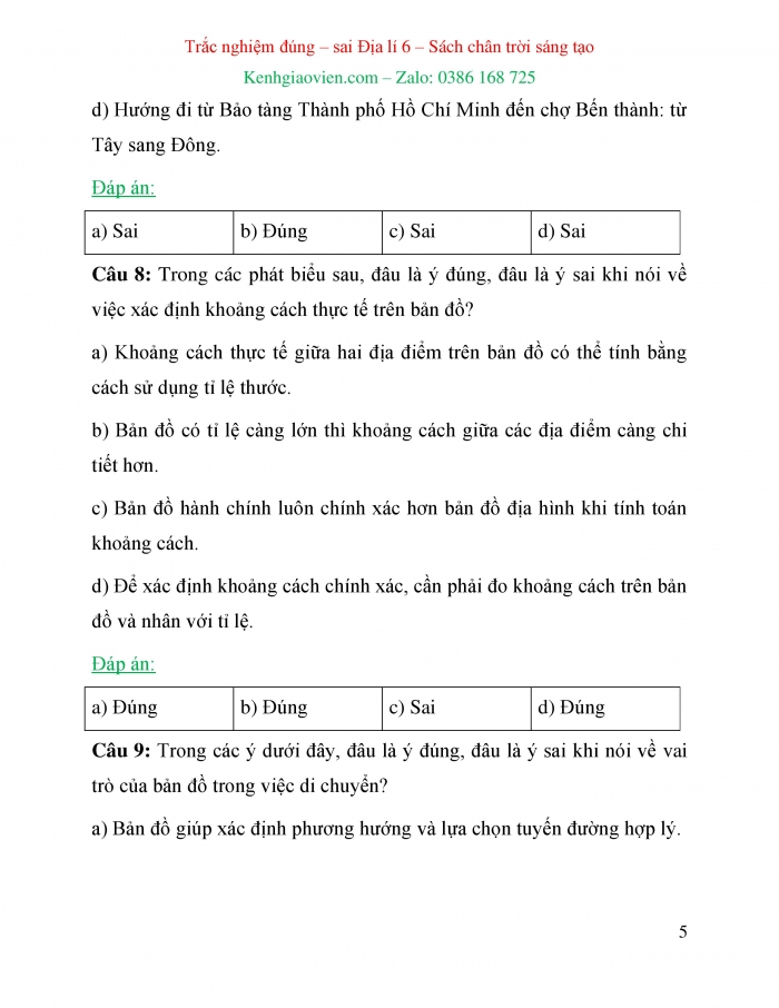 Trắc nghiệm đúng sai Địa lí 6 chân trời sáng tạo