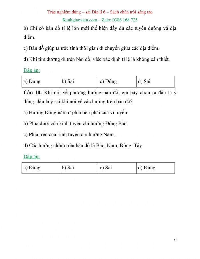 Trắc nghiệm đúng sai Địa lí 6 chân trời sáng tạo