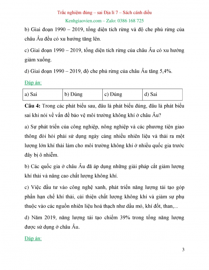 Trắc nghiệm đúng sai Địa lí 7 cánh diều