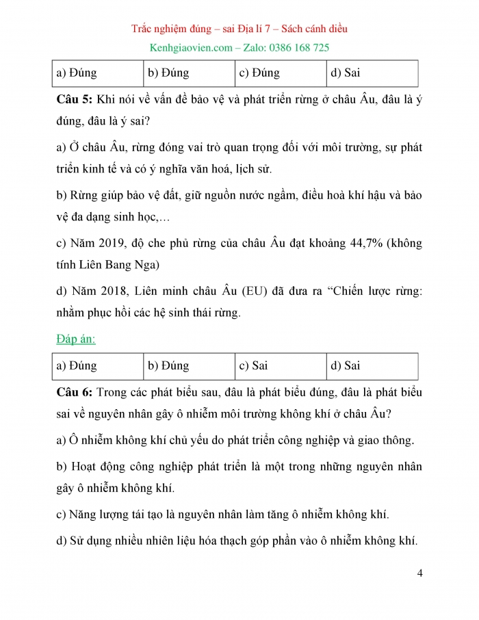 Trắc nghiệm đúng sai Địa lí 7 cánh diều