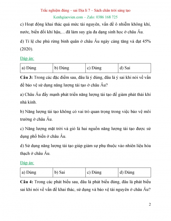 Trắc nghiệm đúng sai Địa lí 7 chân trời sáng tạo