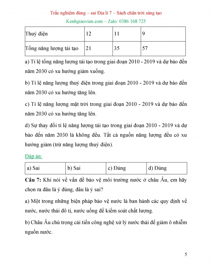 Trắc nghiệm đúng sai Địa lí 7 chân trời sáng tạo