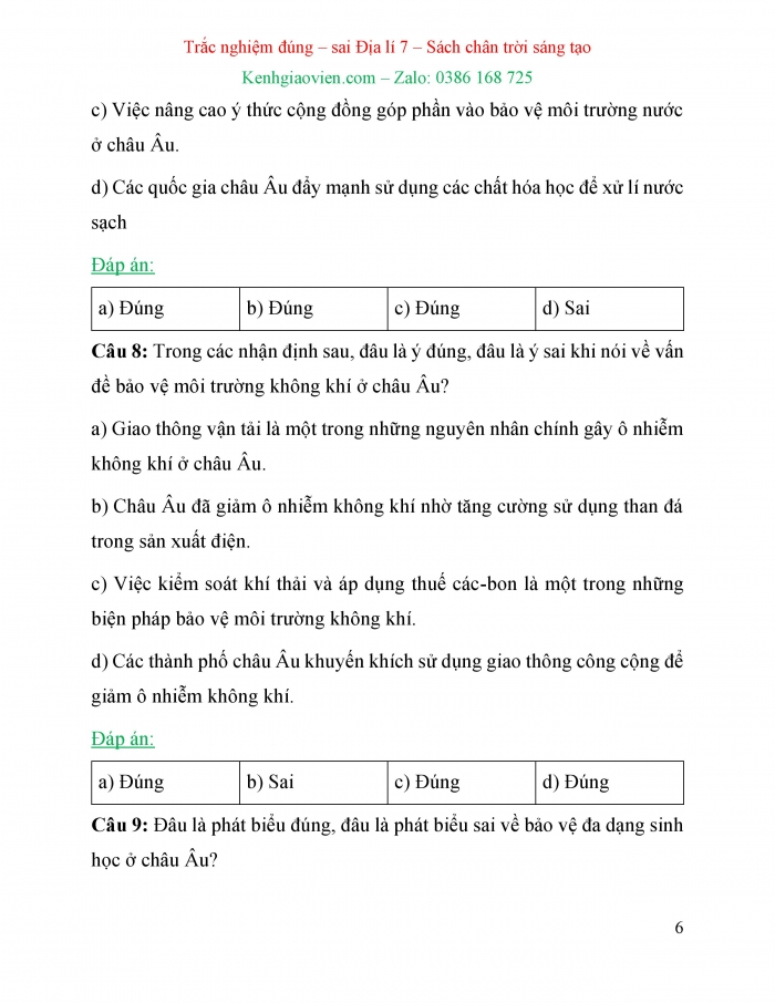 Trắc nghiệm đúng sai Địa lí 7 chân trời sáng tạo