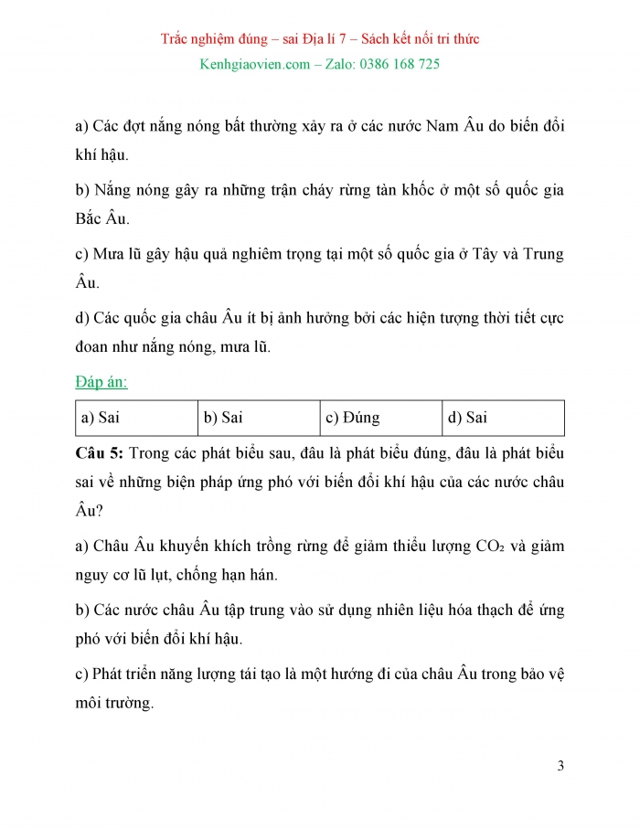 Trắc nghiệm đúng sai Địa lí 7 kết nối tri thức