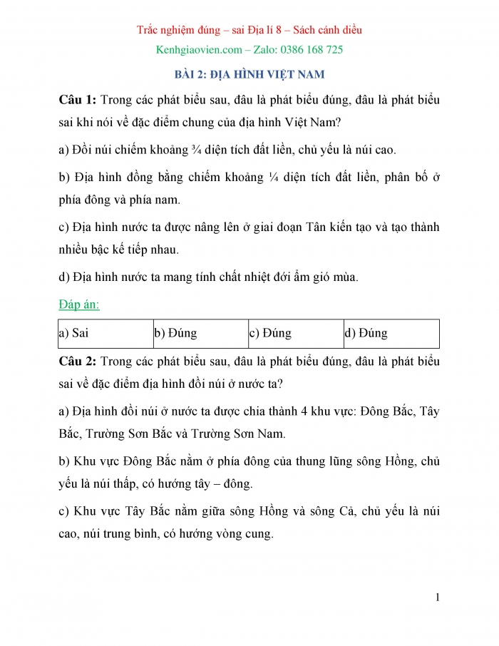 Trắc nghiệm đúng sai Địa lí 8 cánh diều