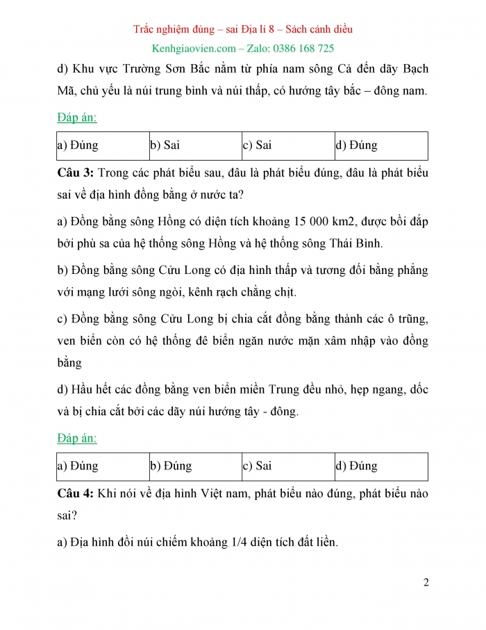 Trắc nghiệm đúng sai Địa lí 8 cánh diều