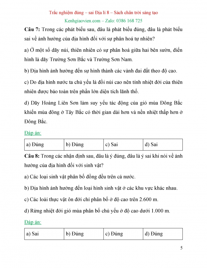 Trắc nghiệm đúng sai Địa lí 8 chân trời sáng tạo