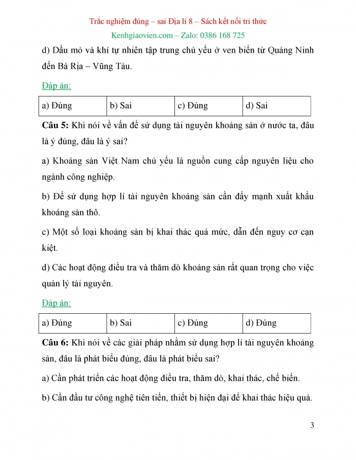 Trắc nghiệm đúng sai Địa lí 8 kết nối tri thức