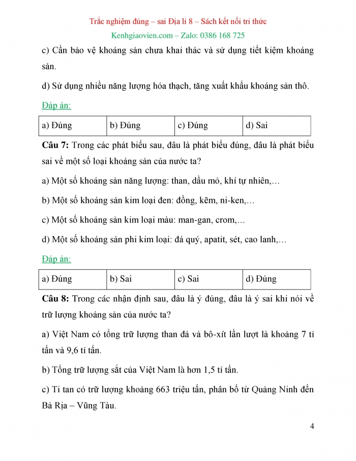 Trắc nghiệm đúng sai Địa lí 8 kết nối tri thức