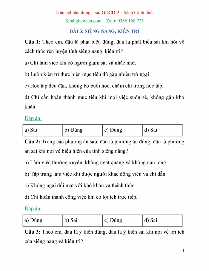 Trắc nghiệm đúng sai Công dân 6 cánh diều