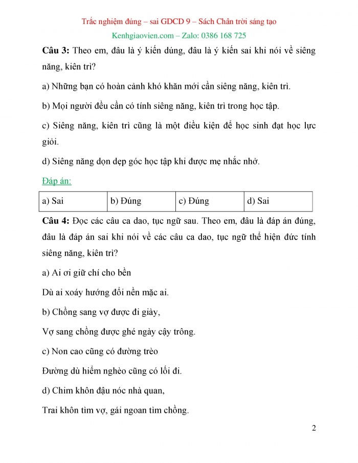 Trắc nghiệm đúng sai Công dân 6 chân trời sáng tạo