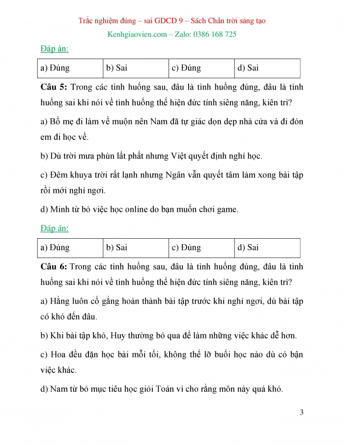 Trắc nghiệm đúng sai Công dân 6 chân trời sáng tạo