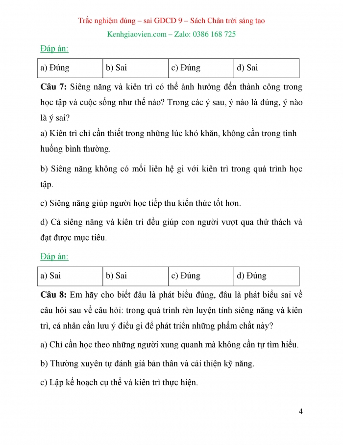 Trắc nghiệm đúng sai Công dân 6 chân trời sáng tạo