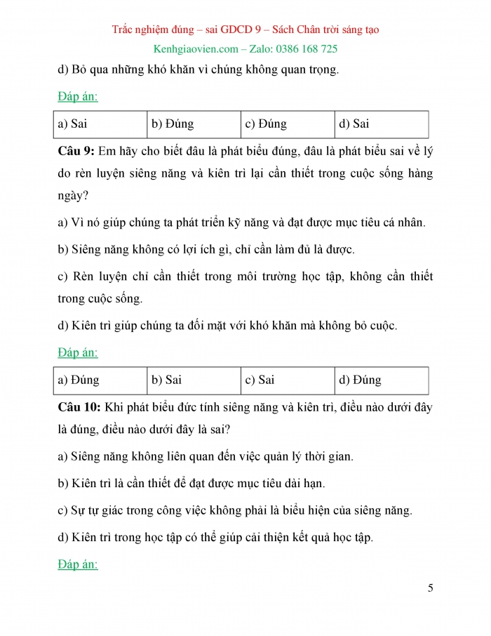 Trắc nghiệm đúng sai Công dân 6 chân trời sáng tạo