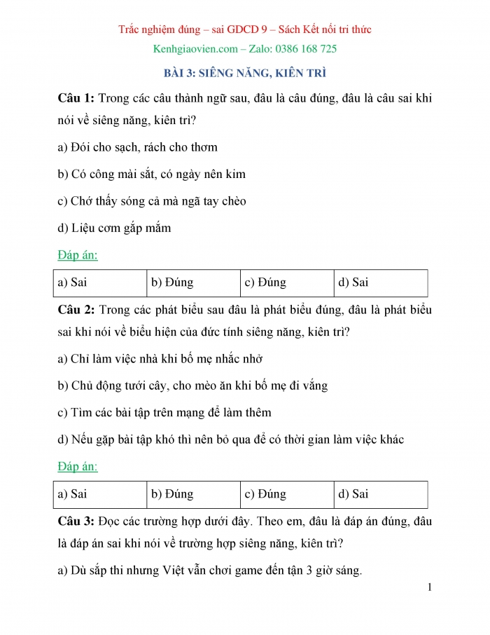 Trắc nghiệm đúng sai Công dân 6 kết nối tri thức